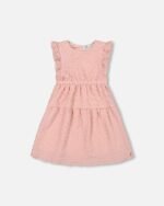 Deux par Deux Textured Poplin Dress for Girls – Elegant Silver Pink A-Line Dress with Flutter Sleeves | Perfect for Parties & Special Occasions