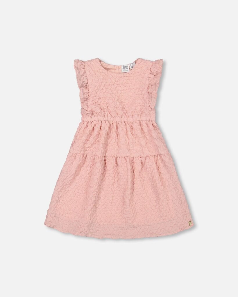 Deux par Deux Textured Poplin Dress for Girls – Elegant Silver Pink A-Line Dress with Flutter Sleeves | Perfect for Parties & Special Occasions