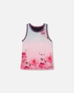 Vibrant Girls Athletic Tank Top – Gradient Pink with Big Flowers by Deux par Deux | Comfortable & Stylish Activewear for Kids