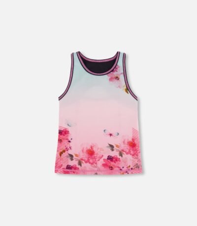Vibrant Girls Athletic Tank Top – Gradient Pink with Big Flowers by Deux par Deux | Comfortable & Stylish Activewear for Kids