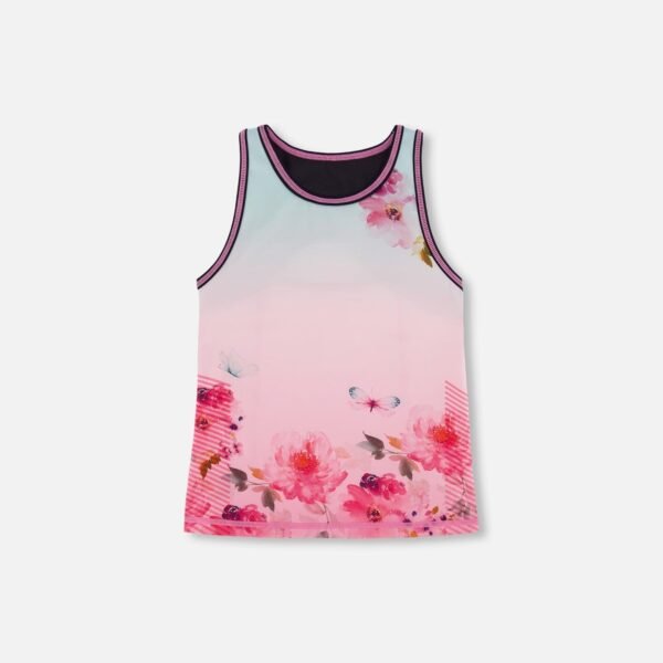 Vibrant Girls Athletic Tank Top – Gradient Pink with Big Flowers by Deux par Deux | Comfortable & Stylish Activewear for Kids