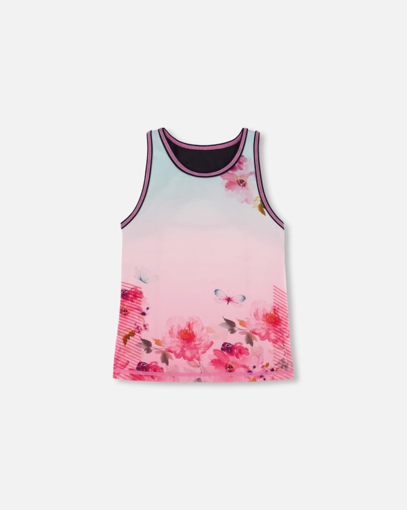 Vibrant Girls Athletic Tank Top – Gradient Pink with Big Flowers by Deux par Deux | Comfortable & Stylish Activewear for Kids