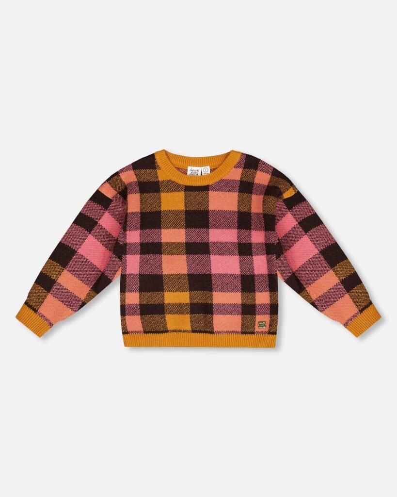 Knit Top Plaid Magenta And Brown