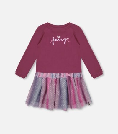Girls Bi-Material Tulle Dress – Burgundy by Deux par Deux | Elegant & Comfy Party Dress for Kids