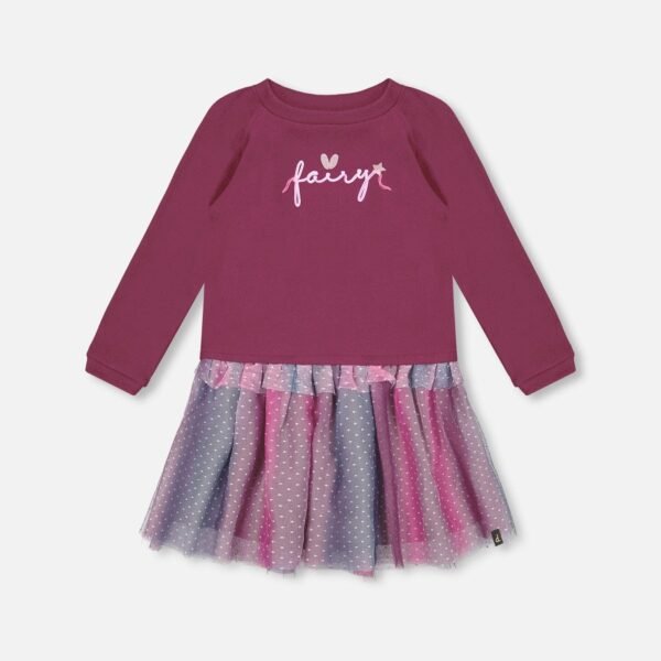 Girls Bi-Material Tulle Dress – Burgundy by Deux par Deux | Elegant & Comfy Party Dress for Kids