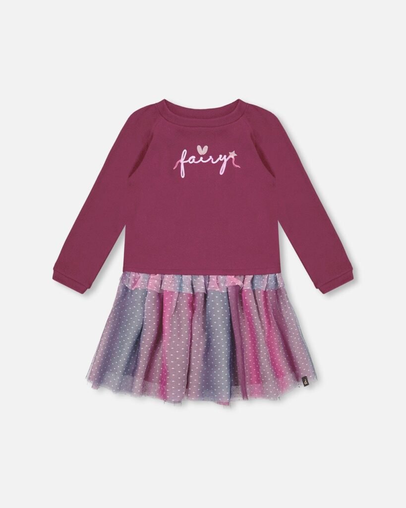 Girls Bi-Material Tulle Dress – Burgundy by Deux par Deux | Elegant & Comfy Party Dress for Kids