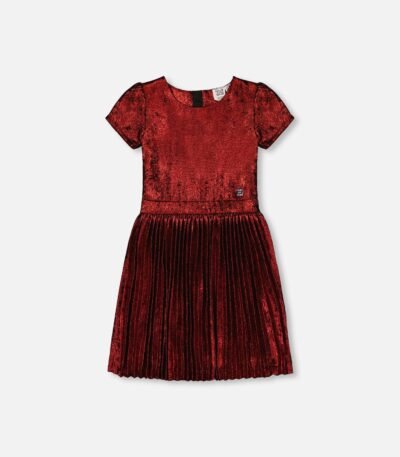 Girls Metallic Red Pleated Dress by Deux par Deux – Elegant, Shimmering Party Dress with Puff Sleeves