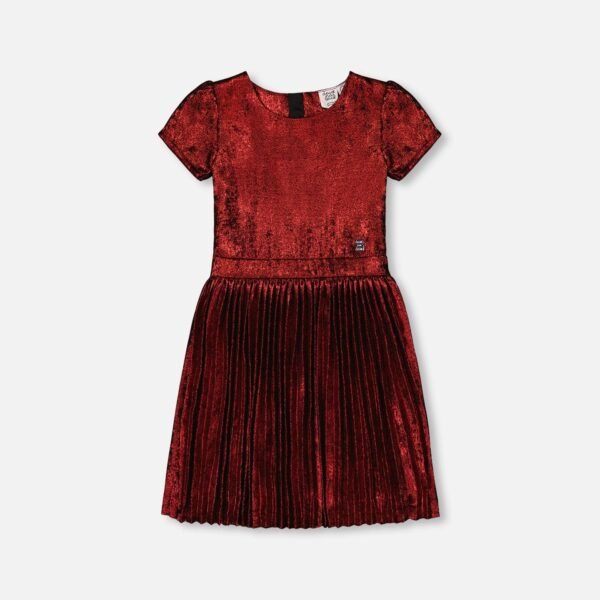 Girls Metallic Red Pleated Dress by Deux par Deux – Elegant, Shimmering Party Dress with Puff Sleeves