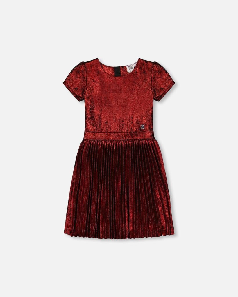 Girls Metallic Red Pleated Dress by Deux par Deux – Elegant, Shimmering Party Dress with Puff Sleeves