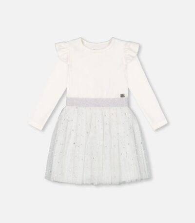 Elegant Long Sleeve Tulle Skirt Dress for Girls – Sparkling Off White Party Dress by Deux par Deux | Stunning & Comfortable Kids Clothing