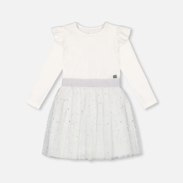 Elegant Long Sleeve Tulle Skirt Dress for Girls – Sparkling Off White Party Dress by Deux par Deux | Stunning & Comfortable Kids Clothing