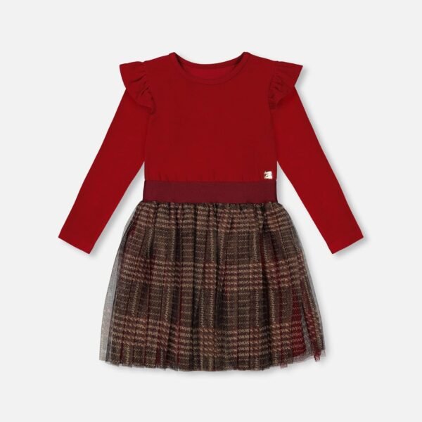 Long Sleeve Girls Red Plaid Tulle Skirt Dress by Deux par Deux | Sparkling Holiday Elegance for Kids