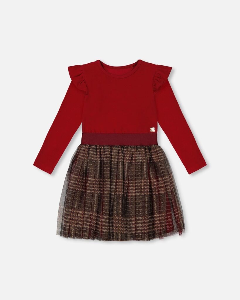 Long Sleeve Girls Red Plaid Tulle Skirt Dress by Deux par Deux | Sparkling Holiday Elegance for Kids