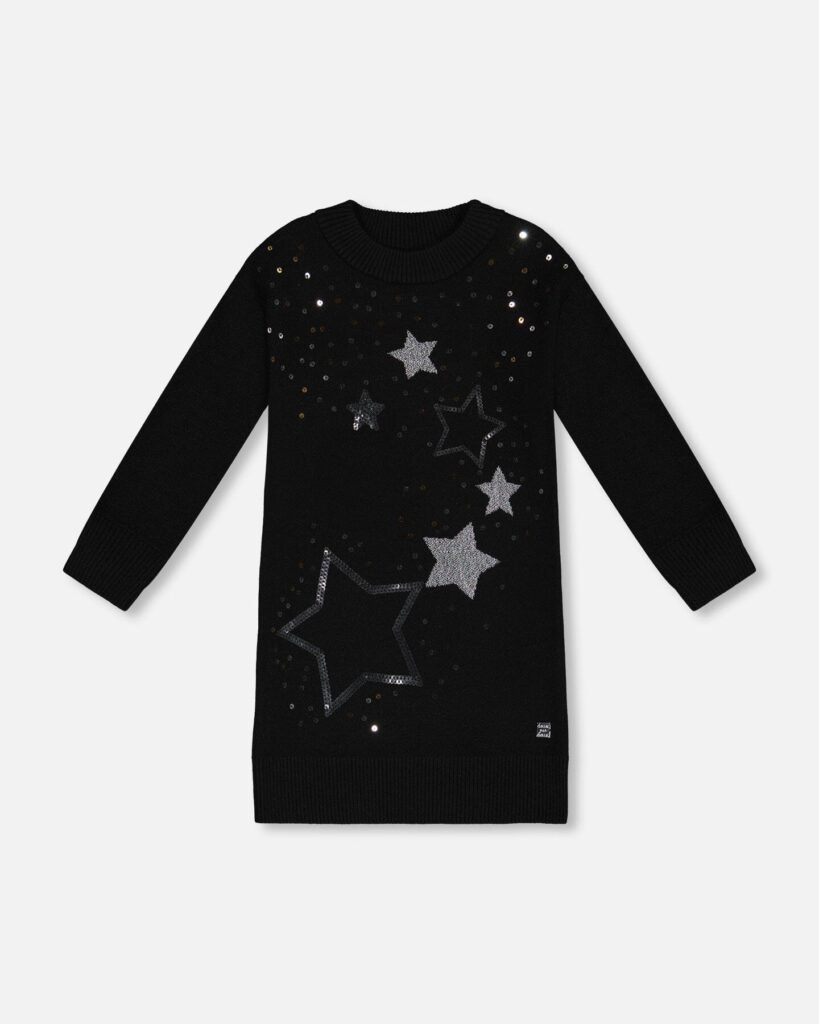 Knitted Sequin Dress for Girls – Black Star Sweater by Deux par Deux | Sparkly & Stylish Kids Clothing
