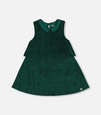 Elegant Girls Sleeveless Party Dress – Forest Green by Deux par Deux | Soft Ribbed Texture & Eyelet Collar for Stylish Celebrations