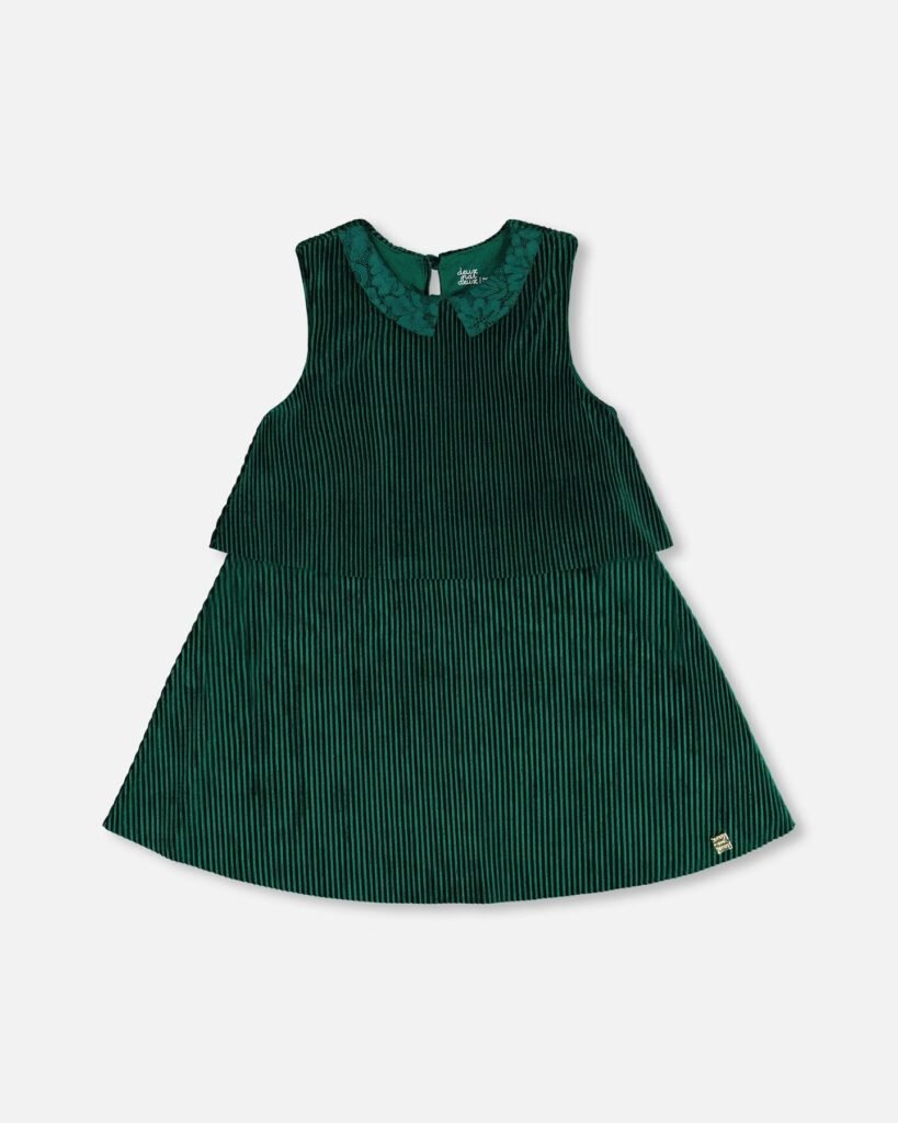 Elegant Girls Sleeveless Party Dress – Forest Green by Deux par Deux | Soft Ribbed Texture & Eyelet Collar for Stylish Celebrations