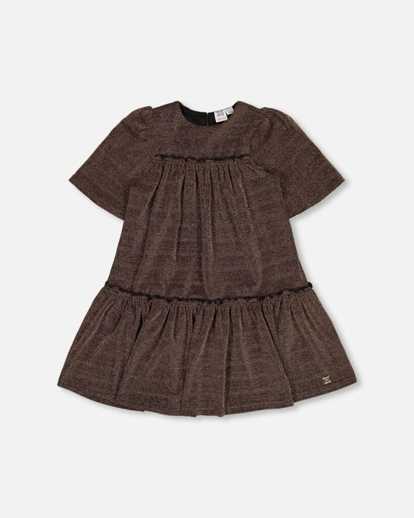 Metallic Dress for Girls – Golden Brown Frill Party Dress by Deux par Deux | Shimmering Short Sleeve Elegance