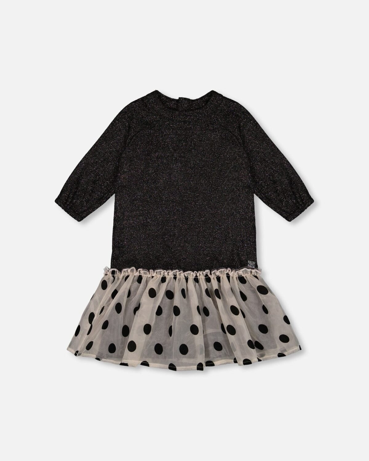 Girls Bi-Material Long Sleeve Dress with Frill – Shimmering Black by Deux par Deux | Elegant & Comfortable Kids Clothing