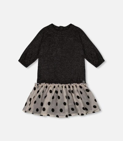 Girls Bi-Material Long Sleeve Dress with Frill – Shimmering Black by Deux par Deux | Elegant & Comfortable Kids Clothing