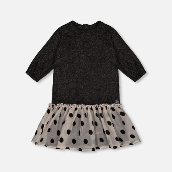 Girls Bi-Material Long Sleeve Dress with Frill – Shimmering Black by Deux par Deux | Elegant & Comfortable Kids Clothing