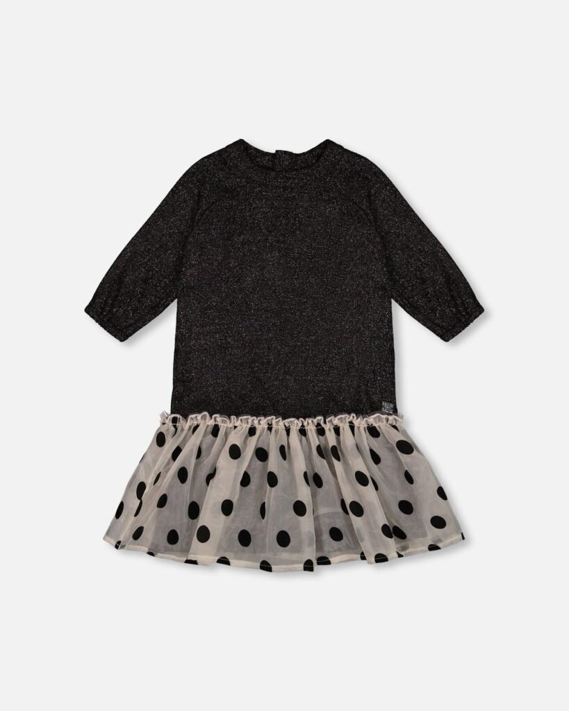 Girls Bi-Material Long Sleeve Dress with Frill – Shimmering Black by Deux par Deux | Elegant & Comfortable Kids Clothing