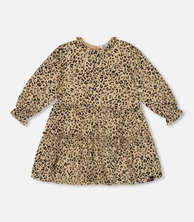 Girls Leopard Print Viscose Dress by Deux par Deux | Elegant Long Sleeve Dress with Chic Frill Details