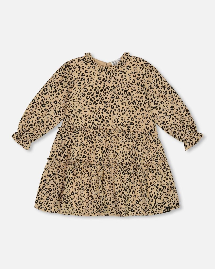 Girls Leopard Print Viscose Dress by Deux par Deux | Elegant Long Sleeve Dress with Chic Frill Details