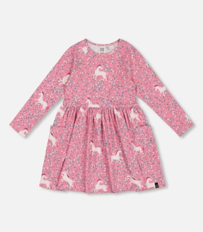 Adorable Unicorn Dress with Pockets for Girls – Pink Floral Fantasy by Deux par Deux | Soft & Stylish Everyday Outfit