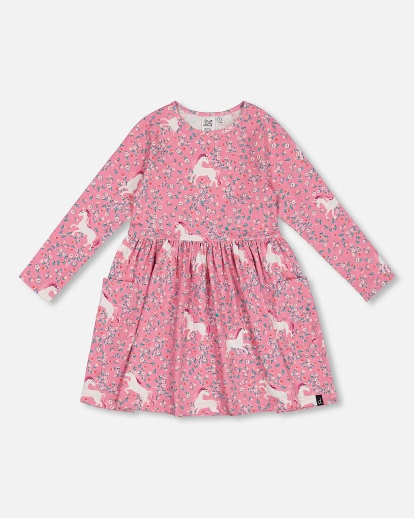 Adorable Unicorn Dress with Pockets for Girls – Pink Floral Fantasy by Deux par Deux | Soft & Stylish Everyday Outfit