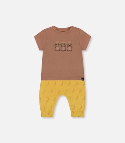 Cotton Top and Pant Set for Baby Boys – Yellow Bananas & Brown by Deux par Deux | Organic, Soft & Adjustable Kidswear