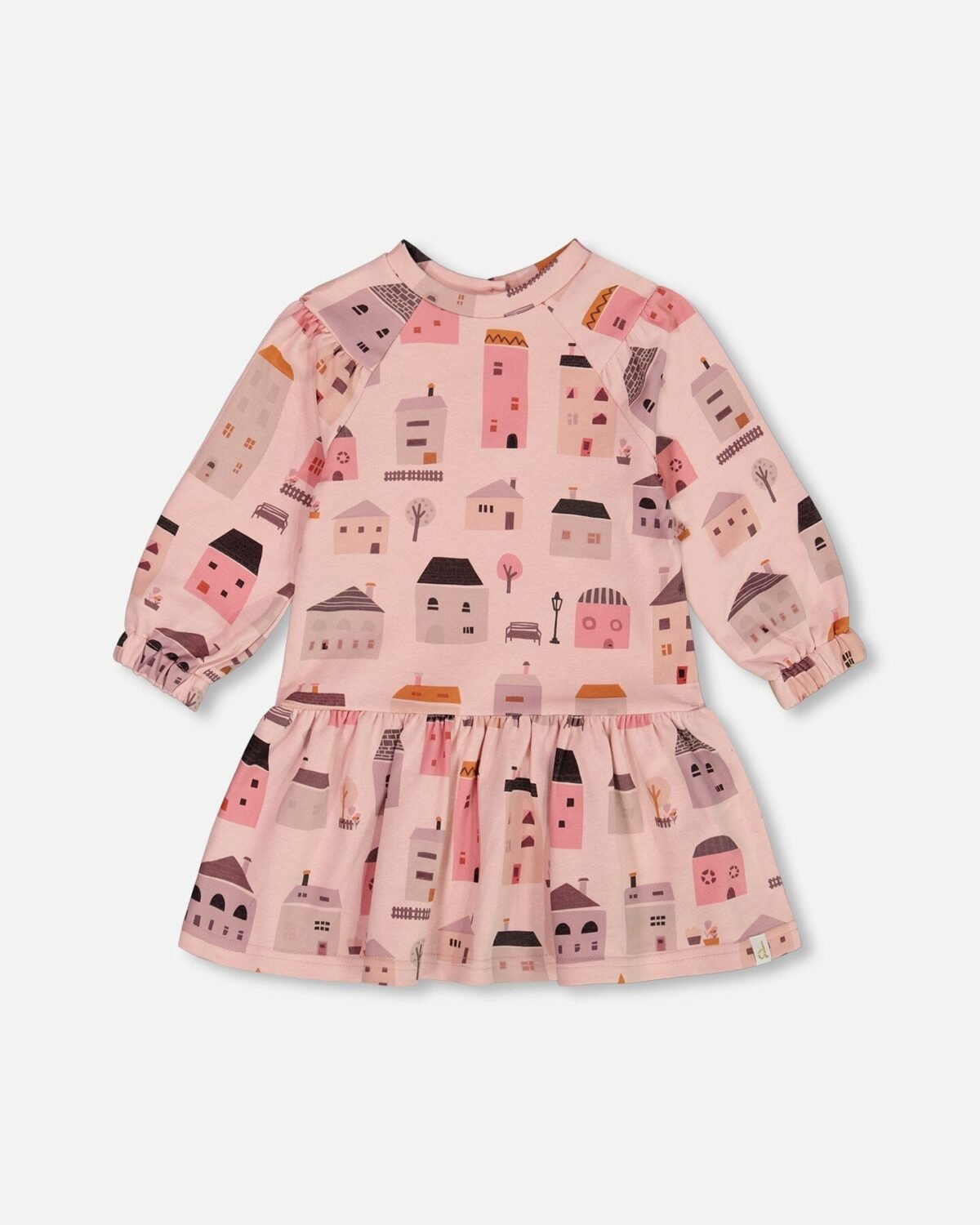 Cozy French Terry Dress for Girls – Pink & Coral Houses by Deux par Deux | Stylish, Soft & Perfect for Active Kids