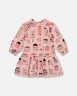 Cozy French Terry Dress for Girls – Pink & Coral Houses by Deux par Deux | Stylish, Soft & Perfect for Active Kids