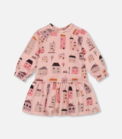 Cozy French Terry Dress for Girls – Pink & Coral Houses by Deux par Deux | Stylish, Soft & Perfect for Active Kids