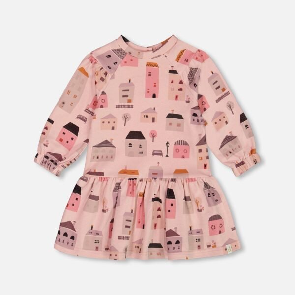 Cozy French Terry Dress for Girls – Pink & Coral Houses by Deux par Deux | Stylish, Soft & Perfect for Active Kids