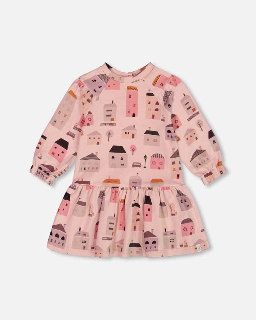 Cozy French Terry Dress for Girls – Pink & Coral Houses by Deux par Deux | Stylish, Soft & Perfect for Active Kids