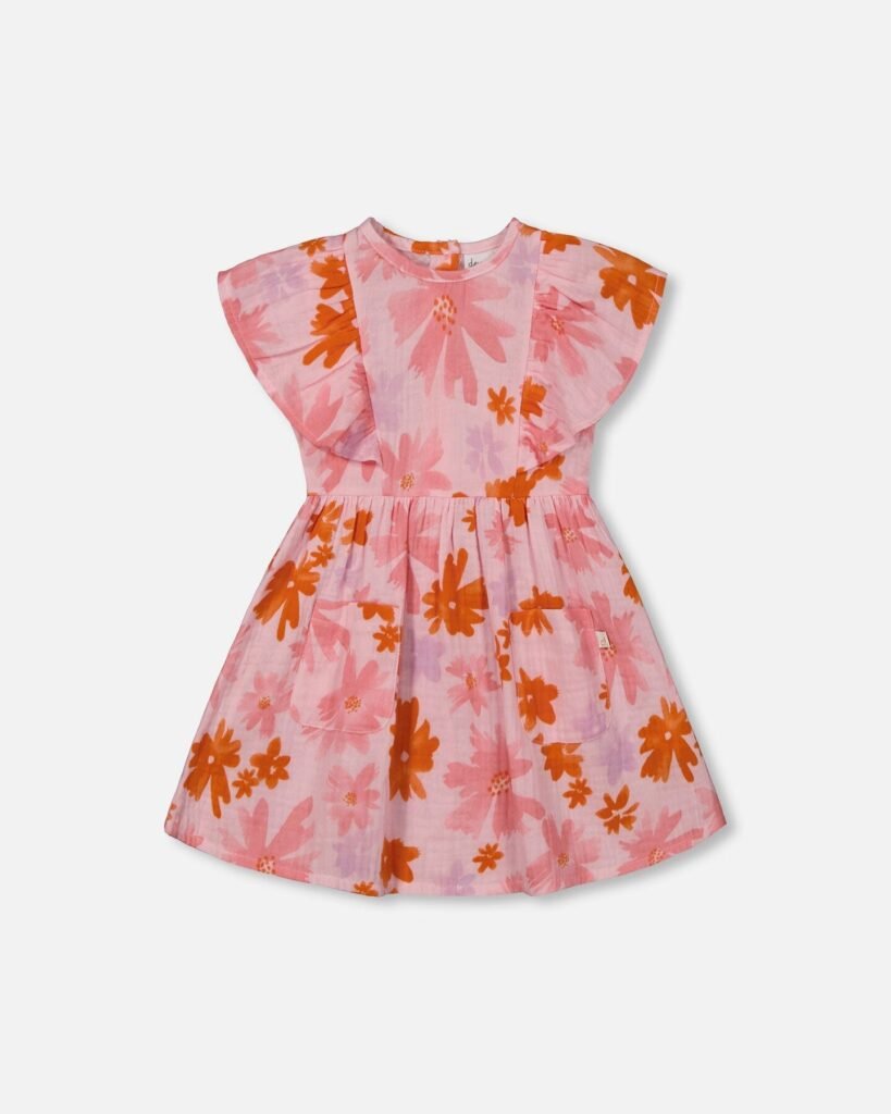 Charming Girls Floral Muslin Dress – Pink & Coral Flowers by Deux par Deux | Soft, Stylish & Perfect for Summer