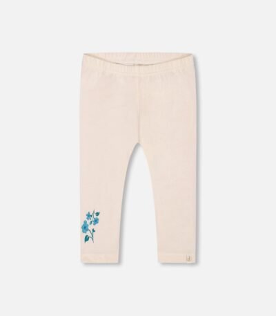 Girls Organic Cotton Cream Leggings with Blue Floral Print – Soft & Stylish by Deux par Deux | Eco-Friendly Kids Clothing Essential