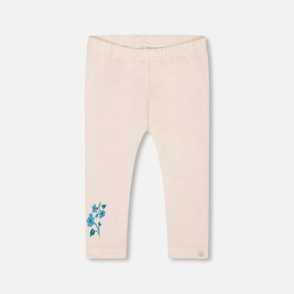 Girls Organic Cotton Cream Leggings with Blue Floral Print – Soft & Stylish by Deux par Deux | Eco-Friendly Kids Clothing Essential