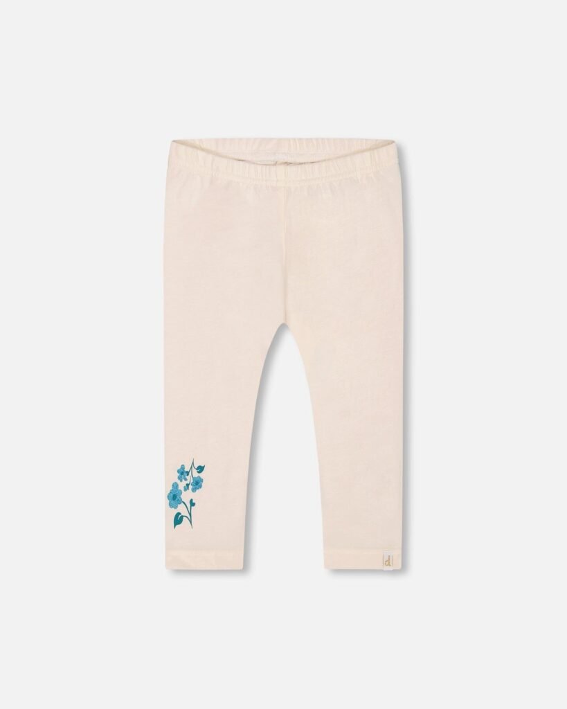 Girls Organic Cotton Cream Leggings with Blue Floral Print – Soft & Stylish by Deux par Deux | Eco-Friendly Kids Clothing Essential