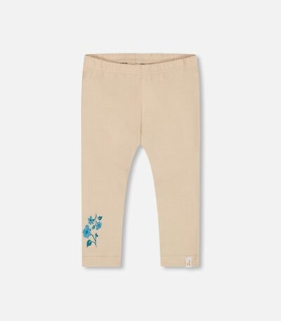 Girls Organic Cotton Leggings Beige with Blue Flowers | Soft & Stylish Deux par Deux Kids Clothing Essential