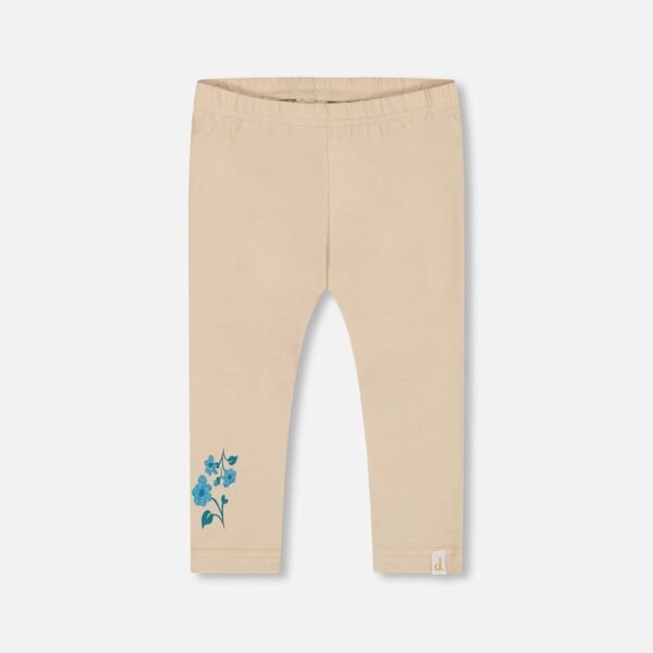 Girls Organic Cotton Leggings Beige with Blue Flowers | Soft & Stylish Deux par Deux Kids Clothing Essential