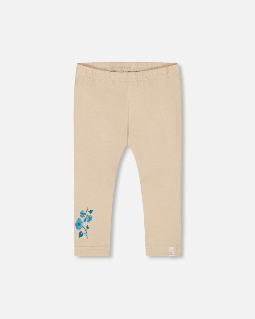Girls Organic Cotton Leggings Beige with Blue Flowers | Soft & Stylish Deux par Deux Kids Clothing Essential