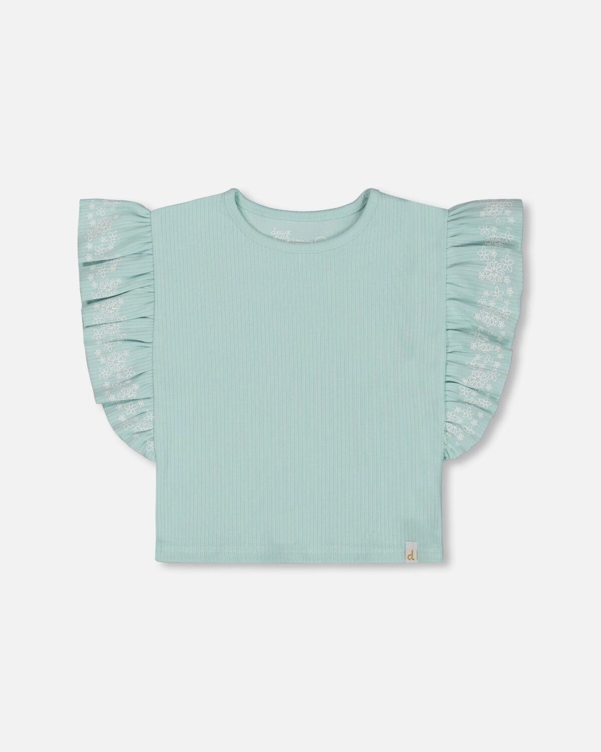 Embroidered Ribbed Tee for Girls – Pale Teal Frill Sleeve Top by Deux par Deux | Soft, Stylish & Comfortable