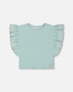 Embroidered Ribbed Tee for Girls – Pale Teal Frill Sleeve Top by Deux par Deux | Soft, Stylish & Comfortable
