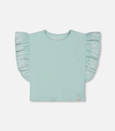Embroidered Ribbed Tee for Girls – Pale Teal Frill Sleeve Top by Deux par Deux | Soft, Stylish & Comfortable