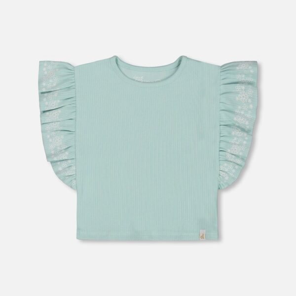 Embroidered Ribbed Tee for Girls – Pale Teal Frill Sleeve Top by Deux par Deux | Soft, Stylish & Comfortable