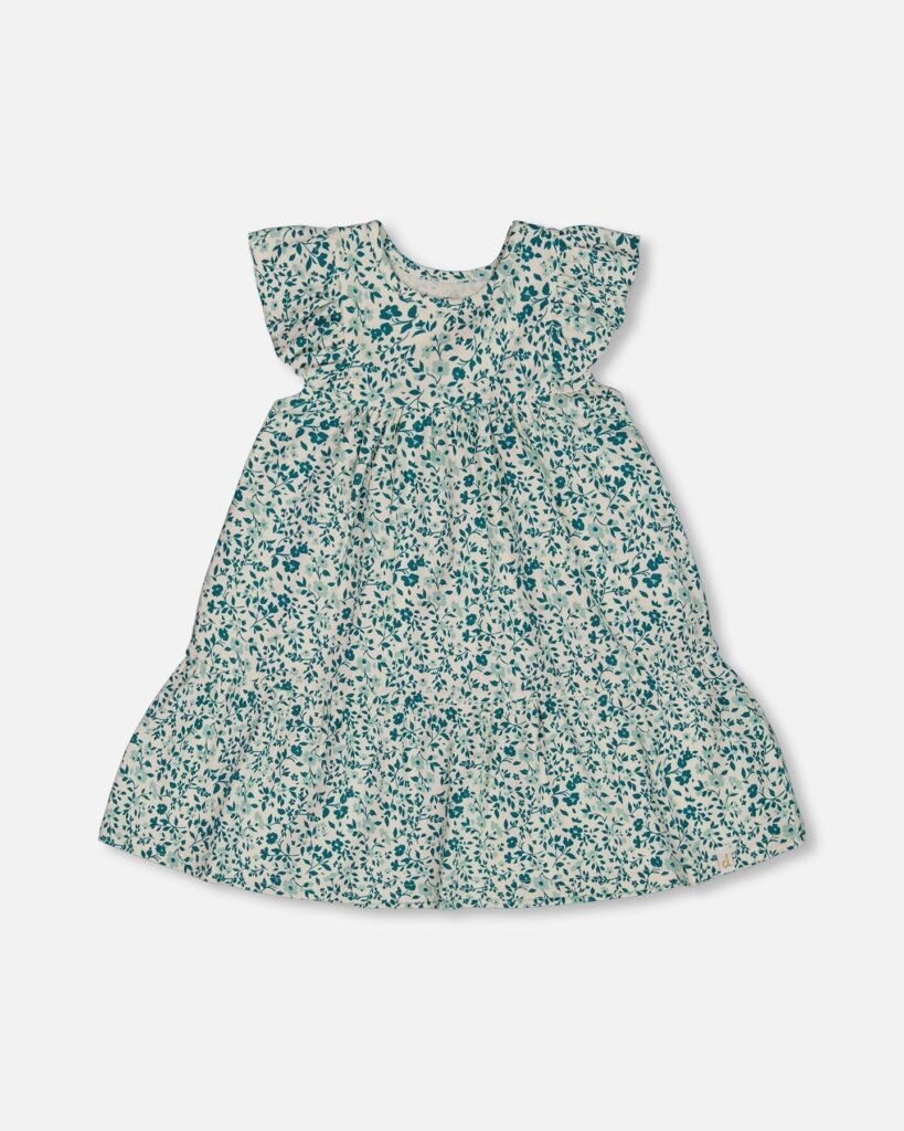 Charming Girls Organic Cotton Floral Dress – Small Turquoise Flowers by Deux par Deux | Soft, Eco-Friendly & Stylish