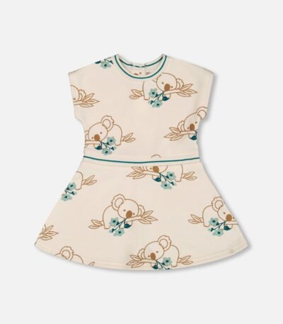 Printed French Terry Dress – Off-White & Koala by Deux par Deux | Soft, Stylish & Playful Girls Outfit