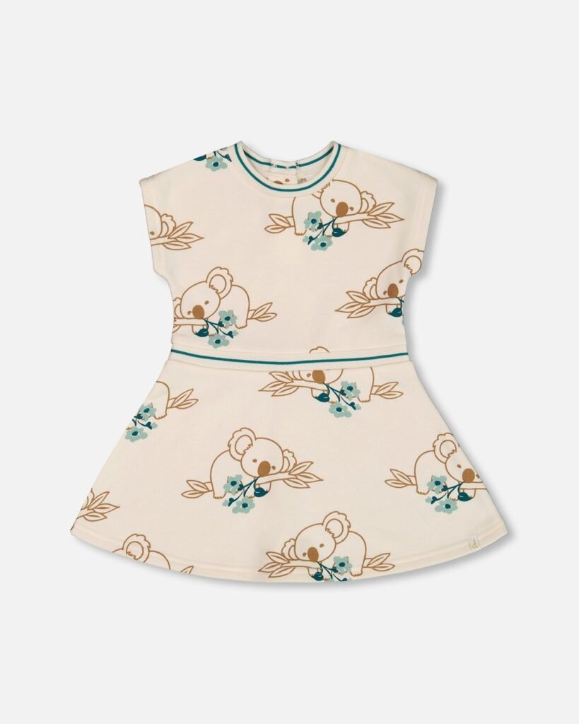 Printed French Terry Dress – Off-White & Koala by Deux par Deux | Soft, Stylish & Playful Girls Outfit