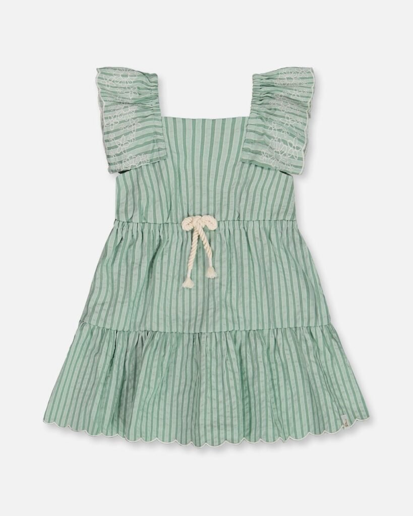 Mint Green Chambray Dress for Girls – Embroidered Tiered Dress by Deux par Deux | Soft, Stylish & Elegant